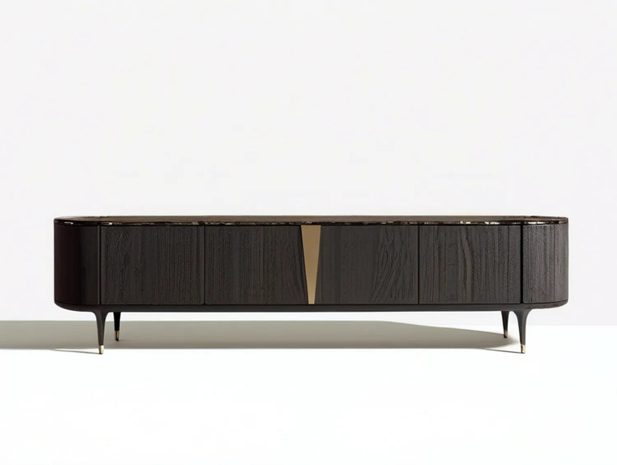 78.7 x 17.7 x 23.6 in Oval Black Oak Veneer Media Console with 4 Doors and Gold Accents