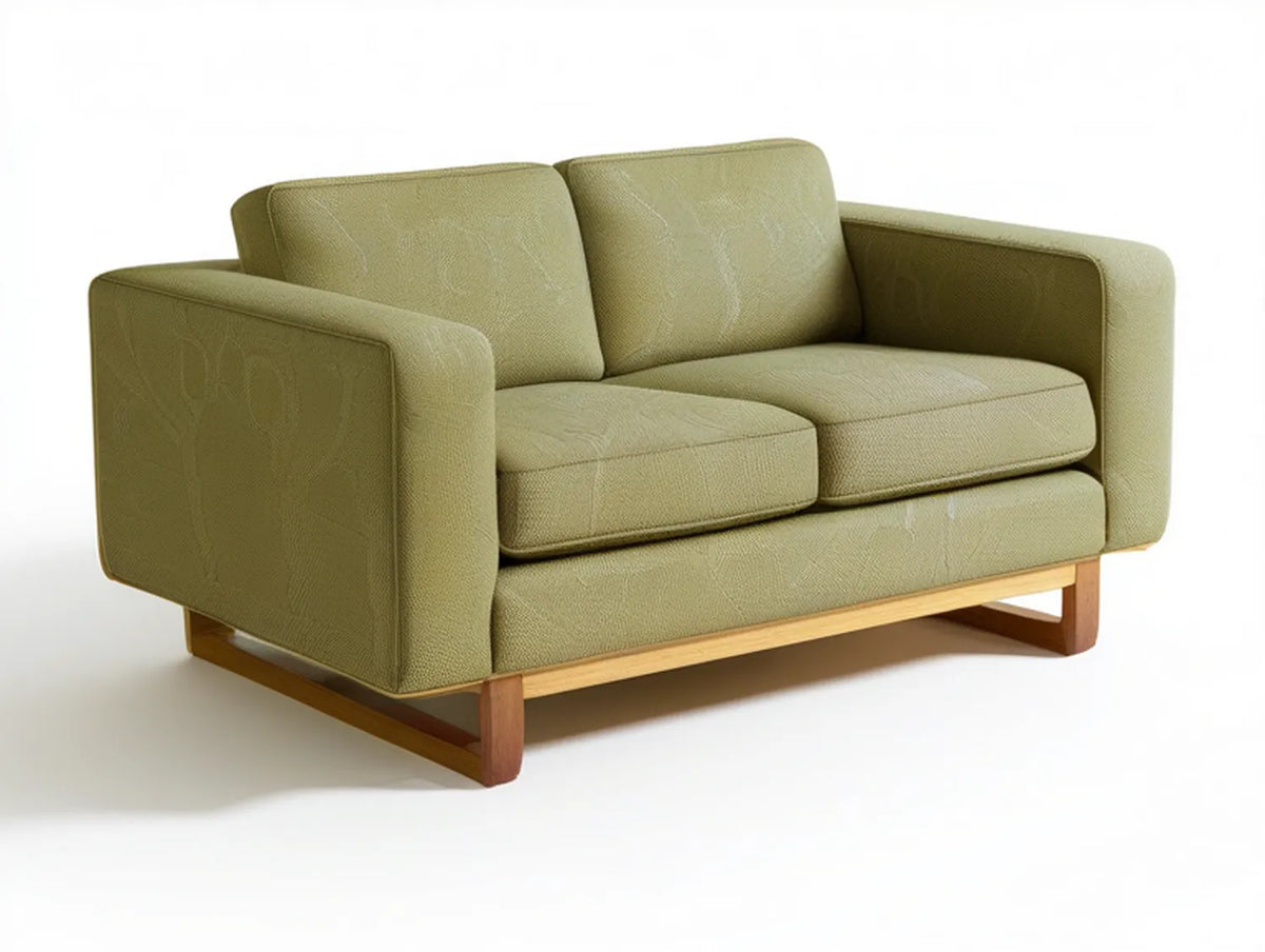 Olive Green Polyester Upholstered Loveseat with Brown Rubberwood Base, 63 x 35 x 33 in