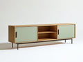 63 in Natural Brown and Sage Green Engineered Wood TV Stand with Sliding Doors and Black Steel Legs, 63 x 15.7 x 22.8 in