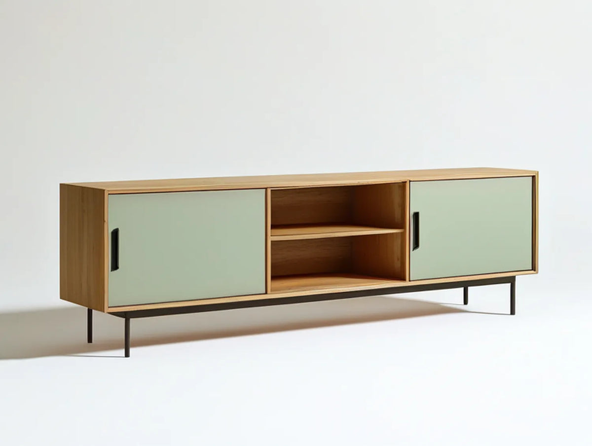63 in Natural Brown and Sage Green Engineered Wood TV Stand with Sliding Doors and Black Steel Legs, 63 x 15.7 x 22.8 in