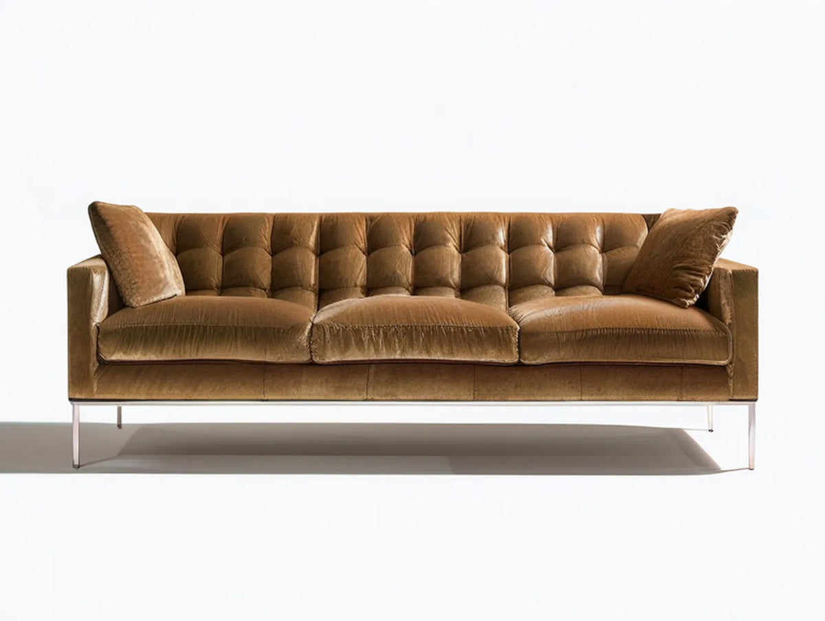 84 in Brown PU Leather Tufted 3-Seat Sofa with Silver Stainless Steel Legs