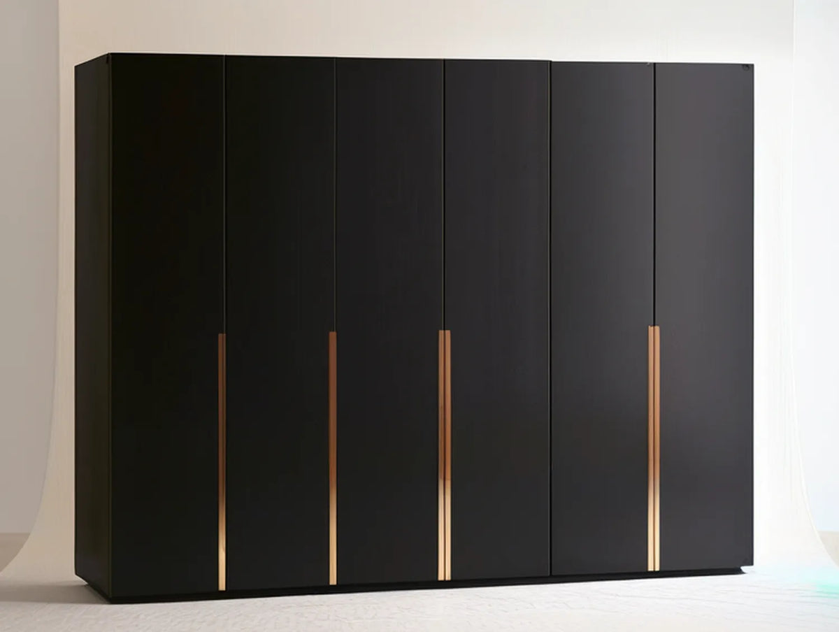 6-Door Black MDF Wardrobe with Gold Aluminum Handles, 118.1 x 23.6 x 78.7 in