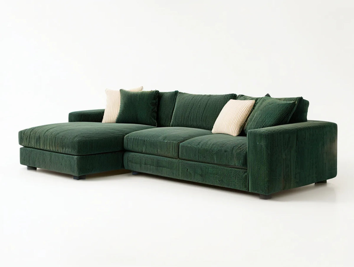 Dark Green Corduroy L-Shaped Sectional with Left Chaise, 110 x 65 x 33 in