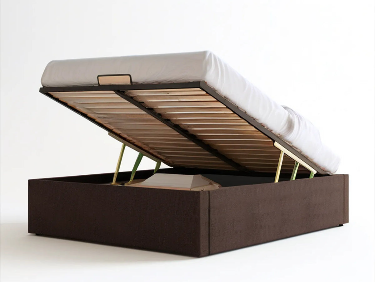 Queen Lift-Up Storage Bed Frame, Brown Polyester Upholstery, 83 x 64 x 15 in