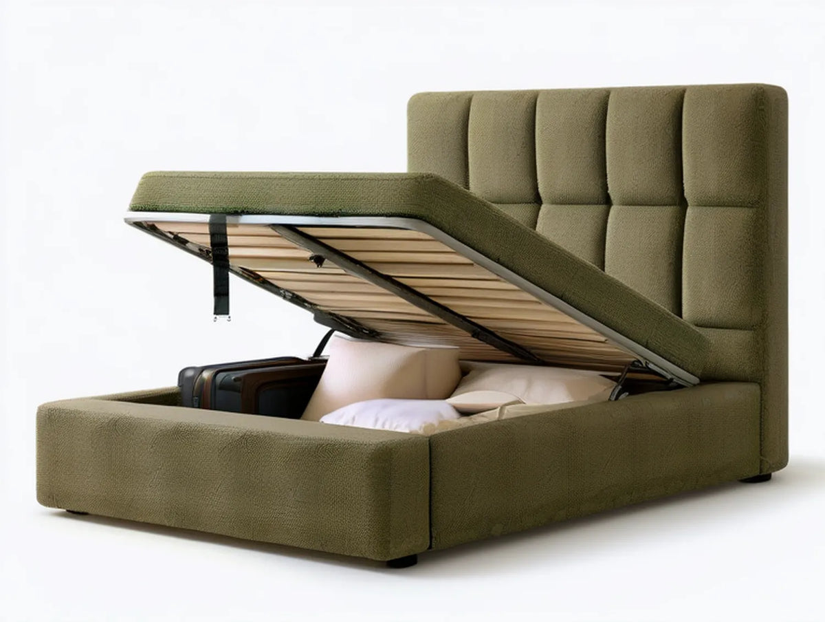 Queen Olive Green Upholstered Gas-Lift Storage Bed Frame for 80 x 60 in Mattress