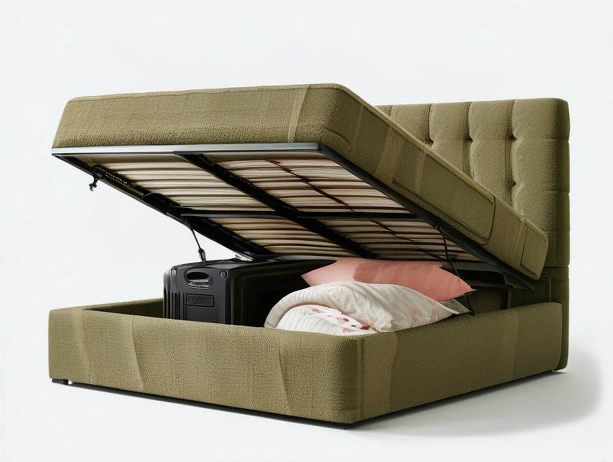 Queen Grayish Olive Polyester Upholstered Storage Bed with Hydraulic Lift, 82 x 63 x 47 in