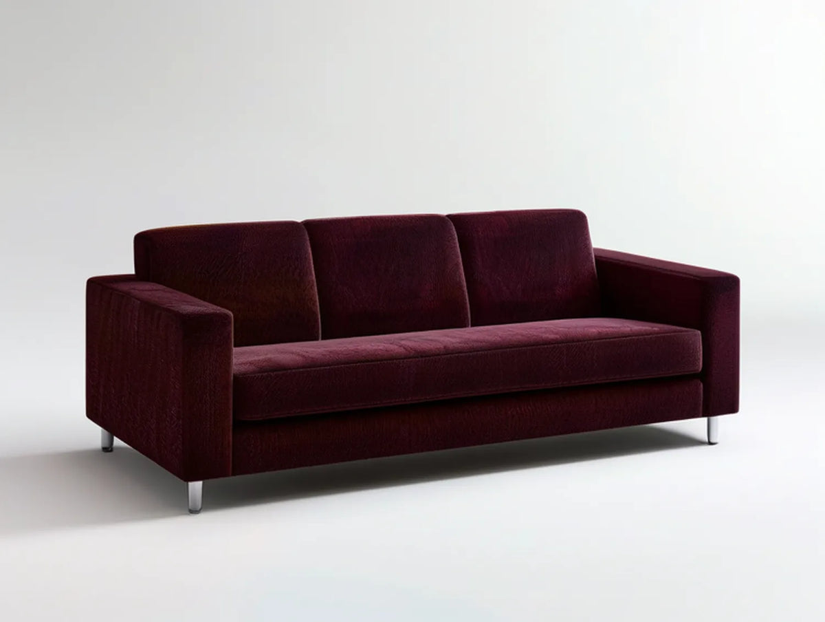 Contemporary 3-Seat Burgundy Velvet Sofa with Silver Legs, 82 x 35 x 33 in
