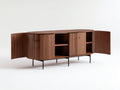 180 cm Curved Walnut Veneer Media Console with Fluted Doors and Black Steel Legs