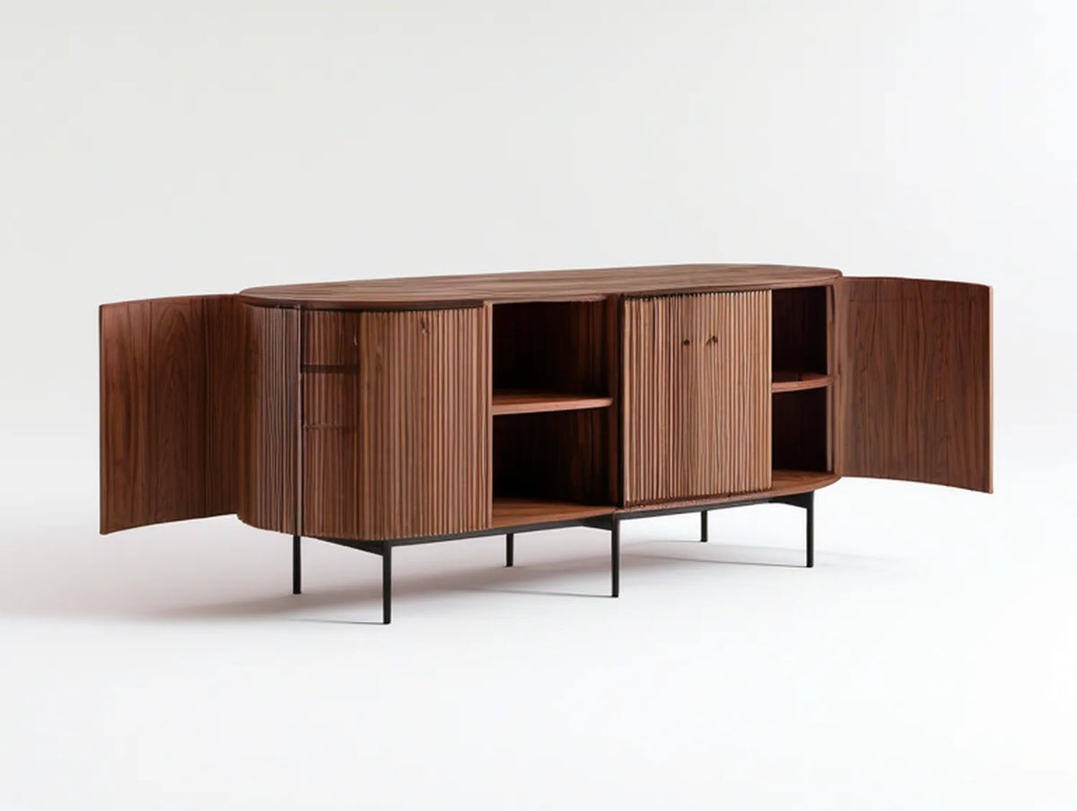 180 cm Curved Walnut Veneer Media Console with Fluted Doors and Black Steel Legs