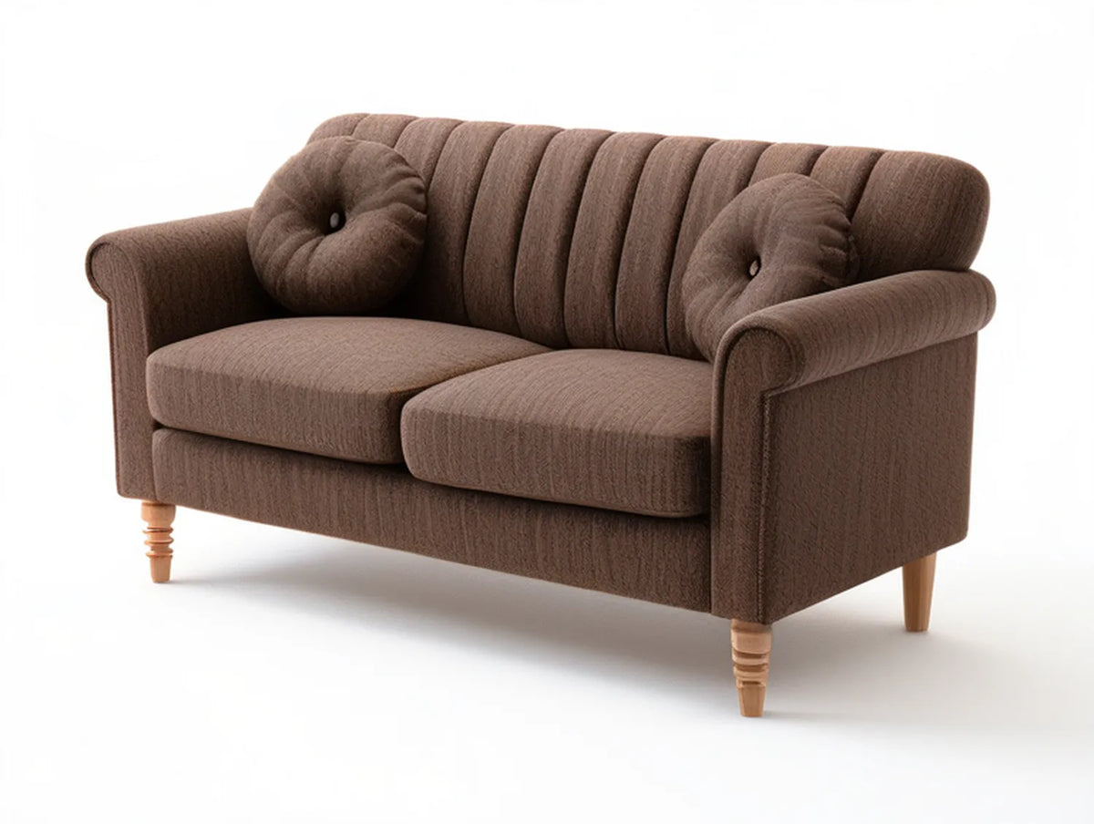Brown Polyester 2-Seat Loveseat with Rolled Arms and Natural Wood Legs, 57.1 x 33.5 x 33.1 in