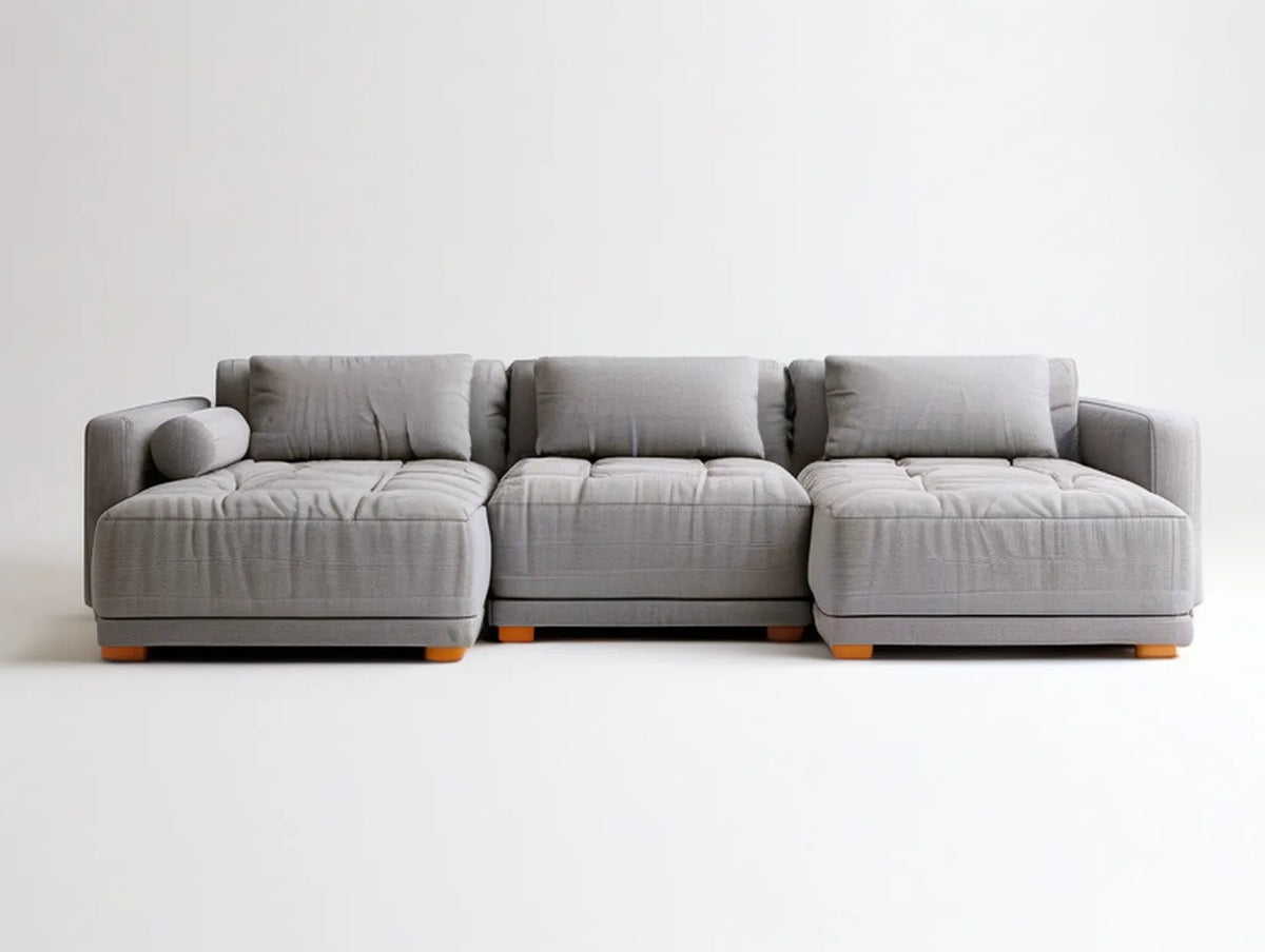 3-Piece Modular Sectional Sofa, Gray Polyester Upholstery with Brown Wood Feet, 133 in W x 40 in D x 34 in H