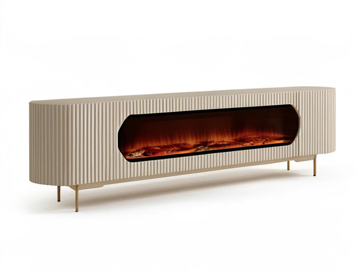 70.87 in Cream Fluted MDF TV Stand with Electric Fireplace, Black Glass Panel and Amber Flame Display