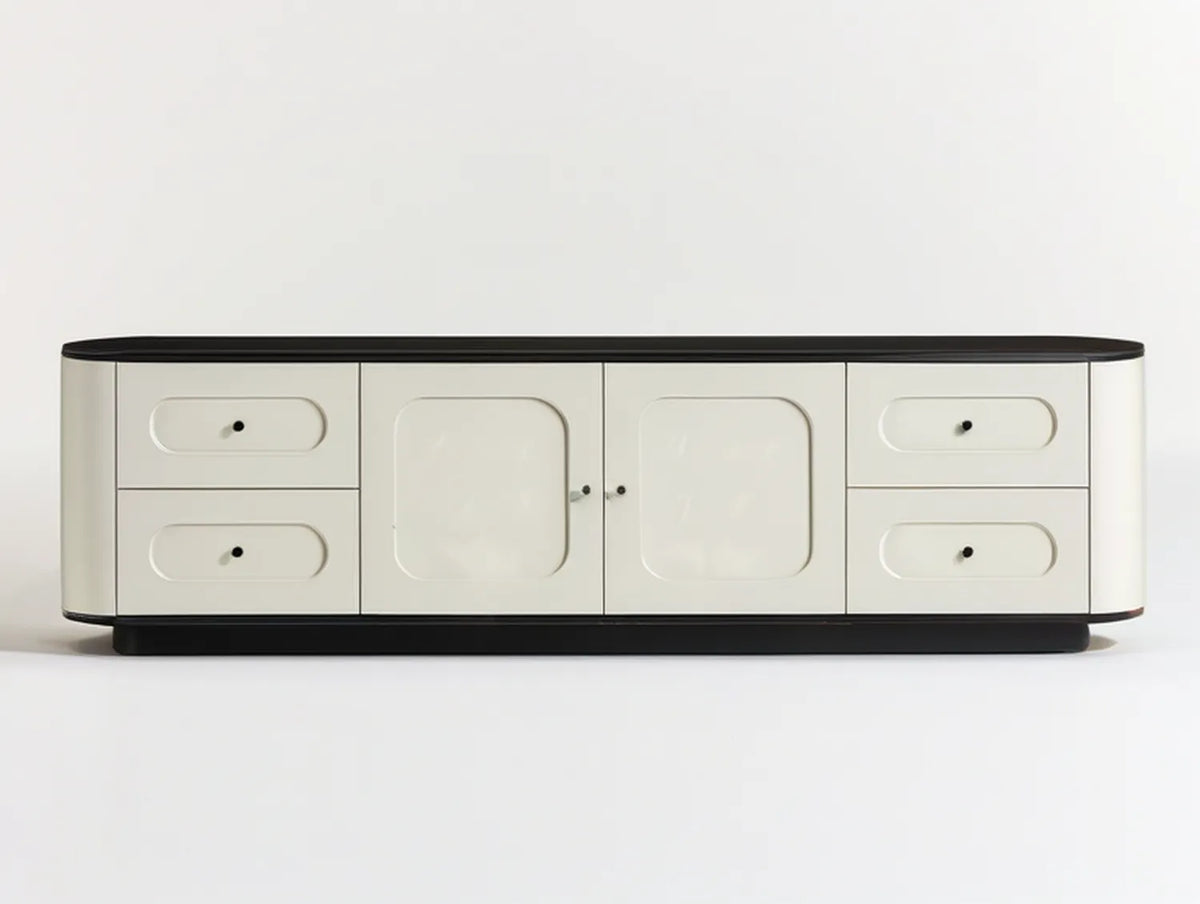 Modern Cream and Black MDF TV Stand with 4 Drawers and 2 Doors, 70.9 x 15.7 x 21.7 Inches