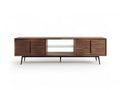 71 x 16 x 24 in Walnut Brown Media Console with Clear Glass Shelf and Black Steel Legs