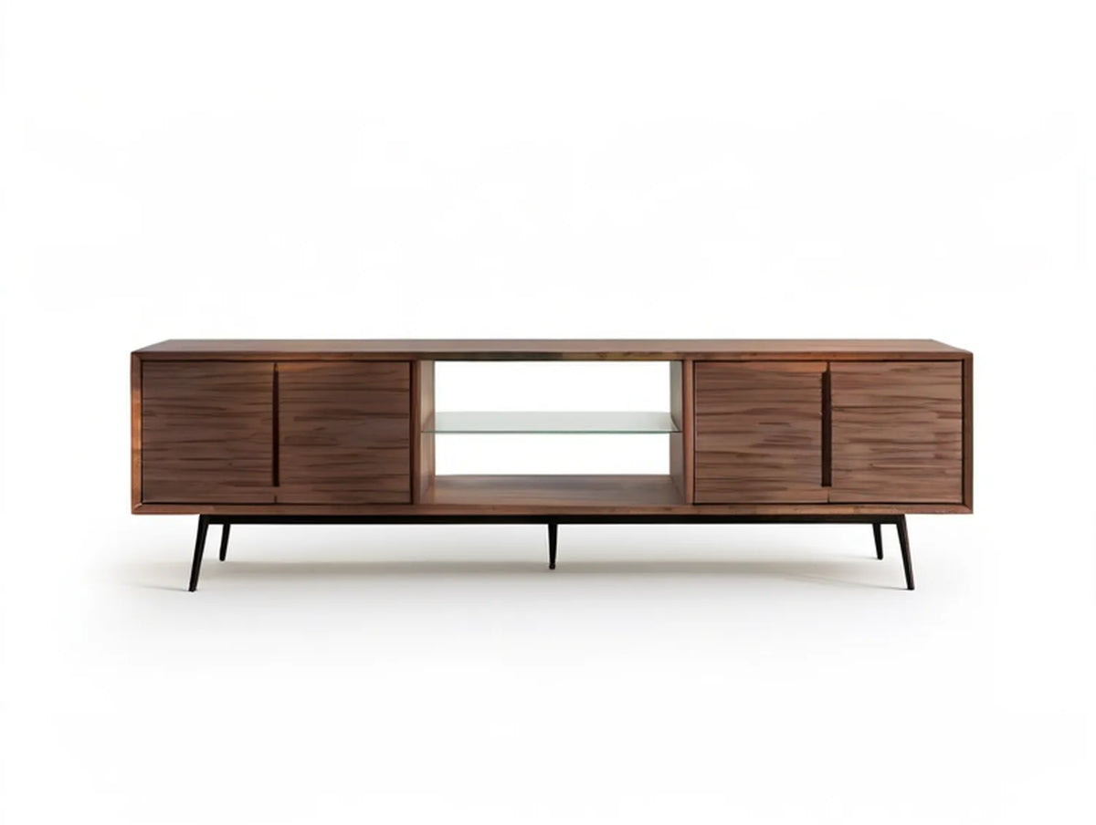 71 x 16 x 24 in Walnut Brown Media Console with Clear Glass Shelf and Black Steel Legs