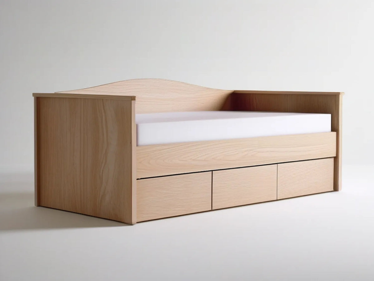 Twin Light Oak and White Storage Bed with 3 Drawers and Open Headboard Shelf, 80 x 42 x 36 in