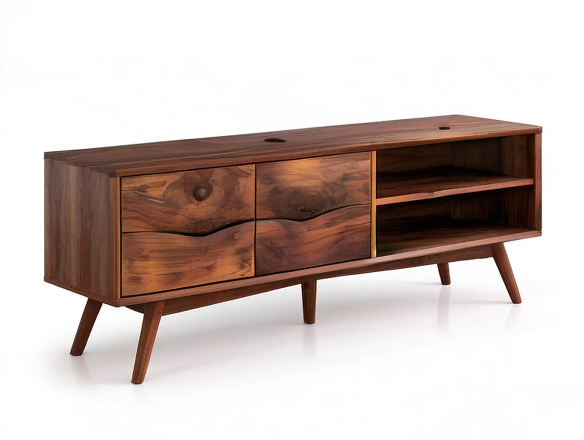 55.1 in Solid Acacia Wood Media Console with 2 Drawers and Open Shelves, Brown