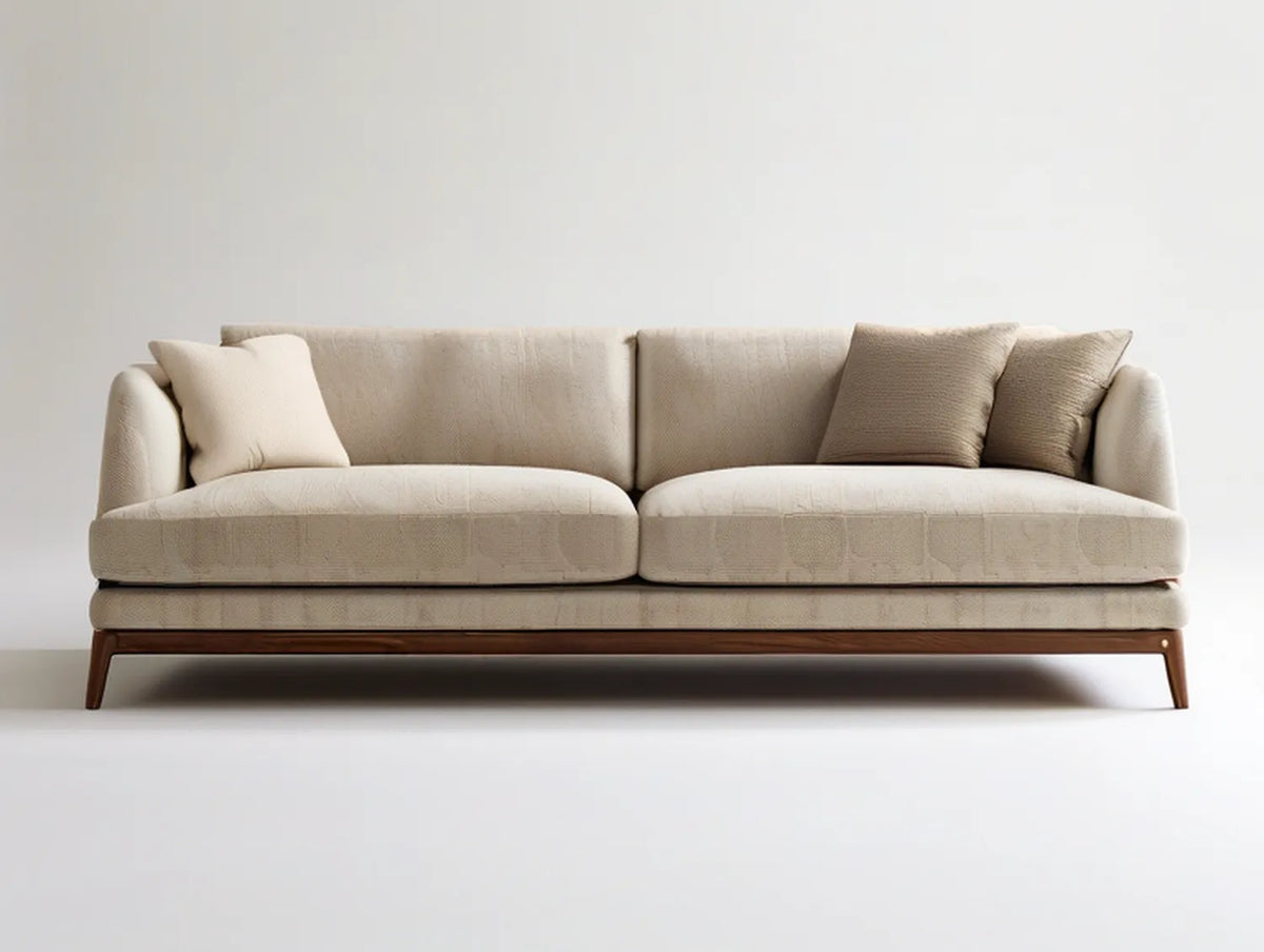 Beige 3-Seater Upholstered Sofa with Dark Brown Solid Wood Base, 89 x 38 x 34 in